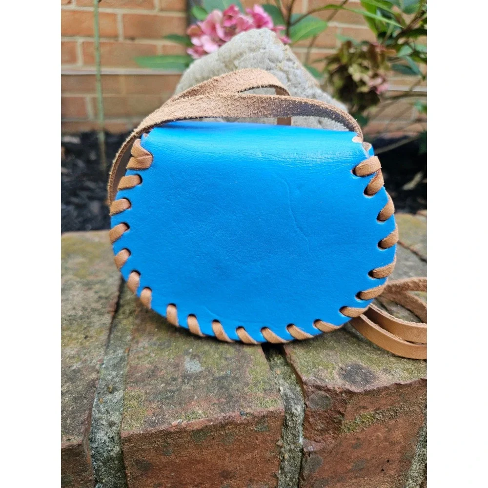 Beautiful Hand Tooled Floral Blue Leather  Mini Crossbody Childrens Satchel